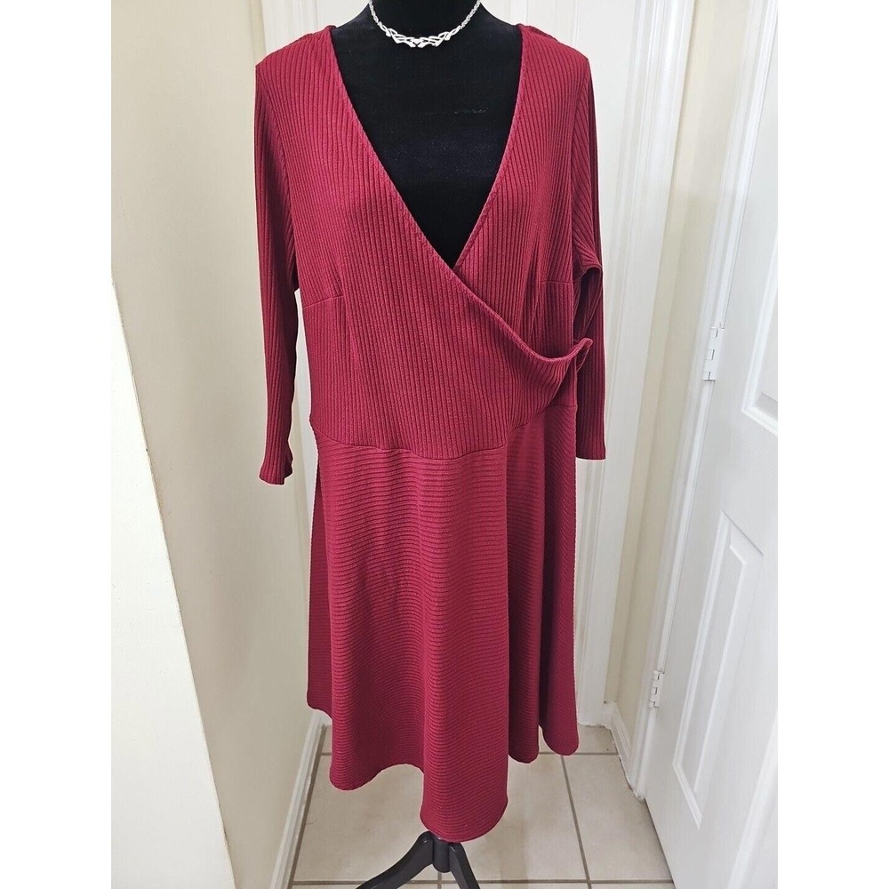 ModCloth Faux Wrap Dress 2X Burgundy Ribbed Knee Length
